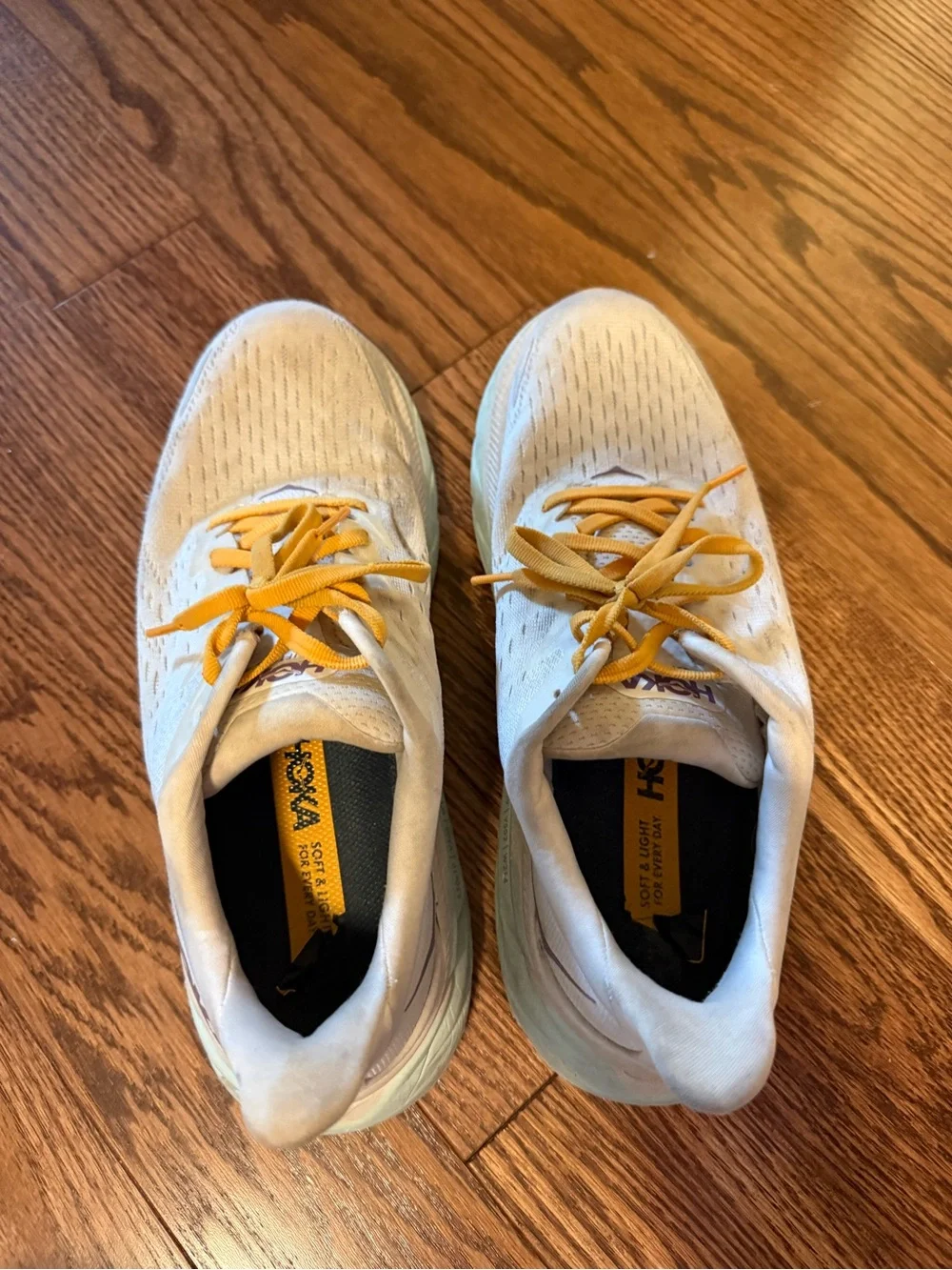 Hoka Kids White Sneakers with Mint Soles and Yellow Laces